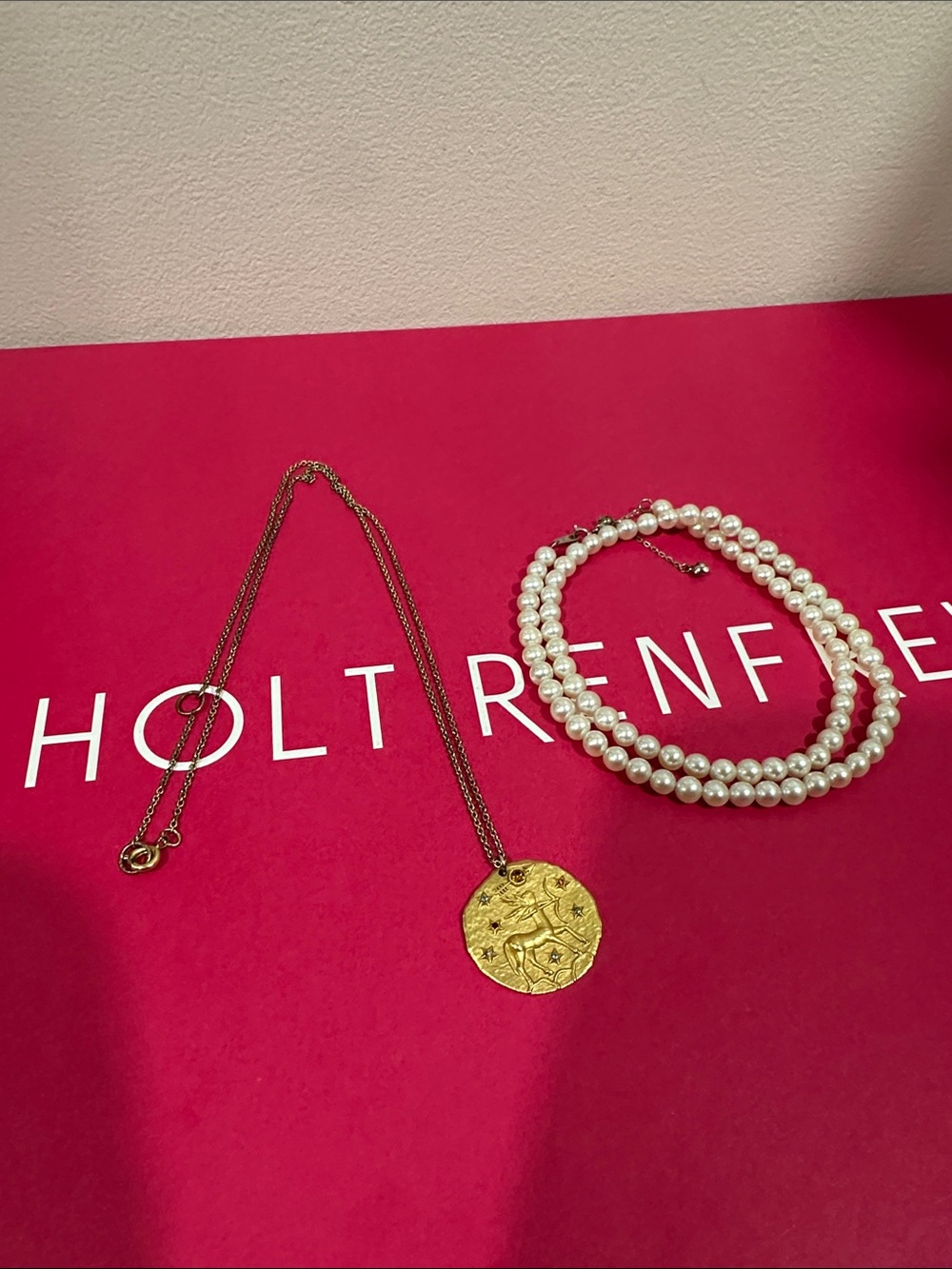 Gold Medallion Pendant Necklace and REAL Pearl Choker Set